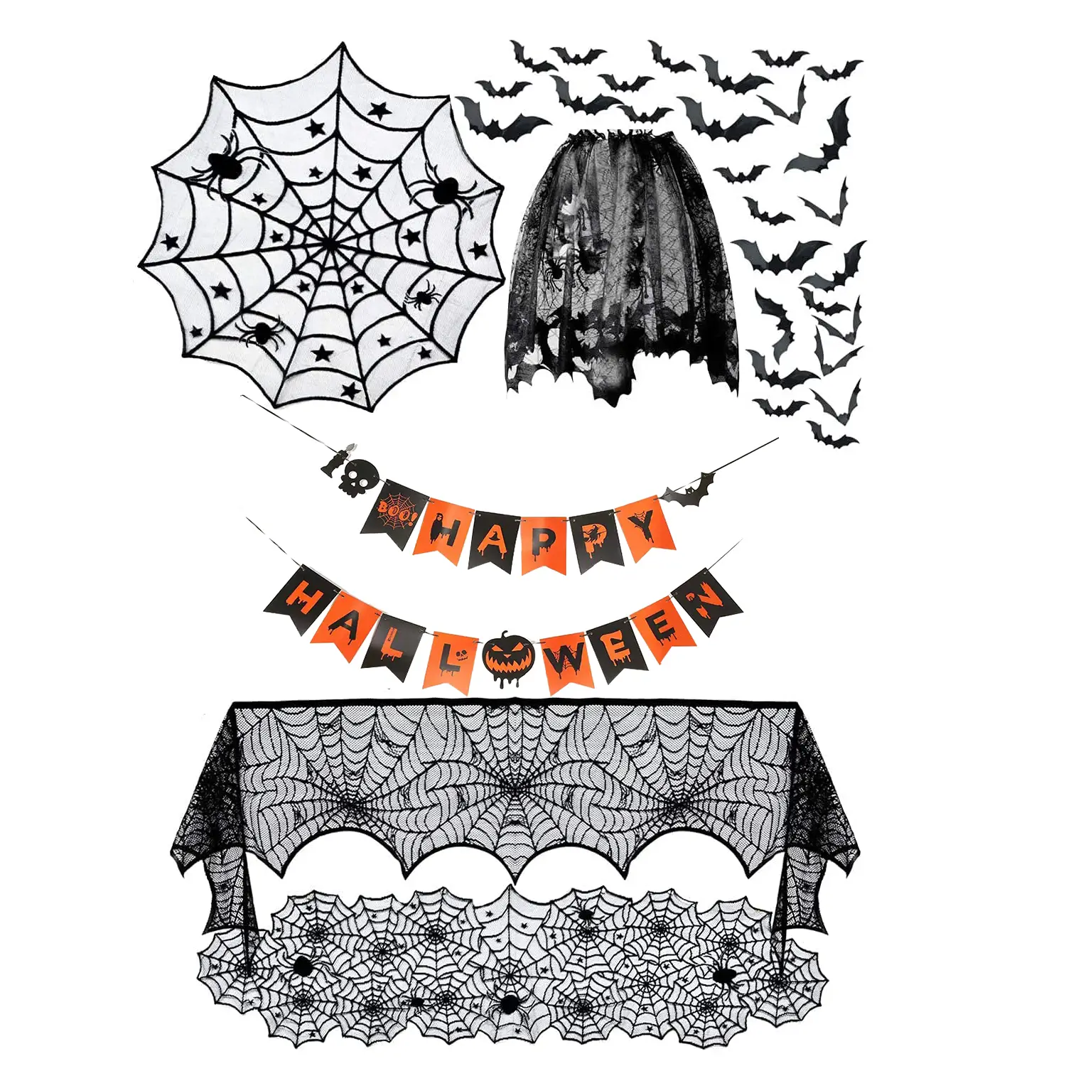 Spooky Bat & Spider Web Design Lace Curtain, 1 Count Gothic Style Short Curtain, Window Screening for Home Living Room Bedroom, Halloween