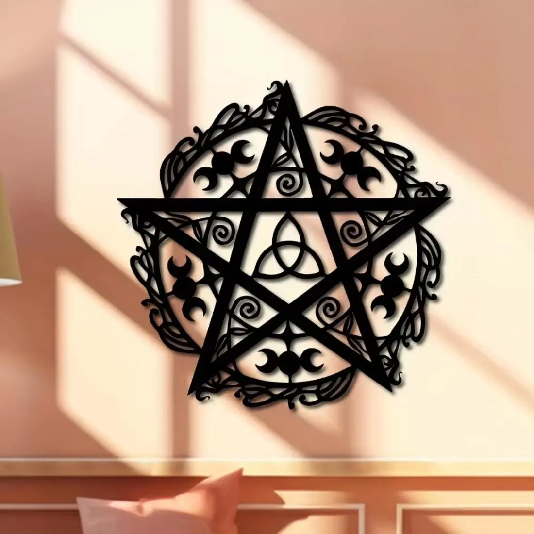 Triple Moon & Pentagram Pattern Wall Art, Geometric Pattern Design, Modern Metal Sculpture, Wall Decor for Home Living Room Bedroom Garden Patio