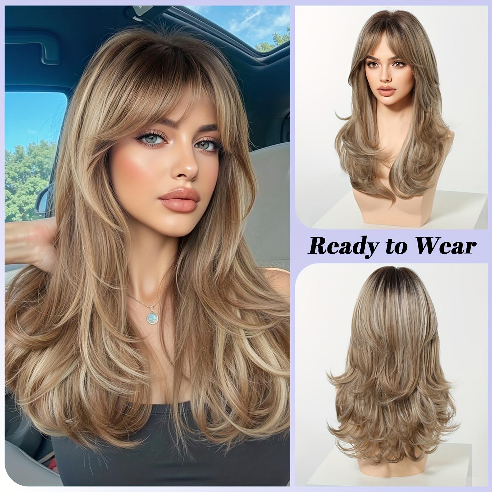 22-inch Mixed-color Wavy Straight Bangs Curly Synthetic Fiber Machine-made Rose Net Wig, Suitable for Fashionable Women for Daily Life, Dates, Various Parties, Music Festivals, Halloween Costumes, Stage Performances, and Props