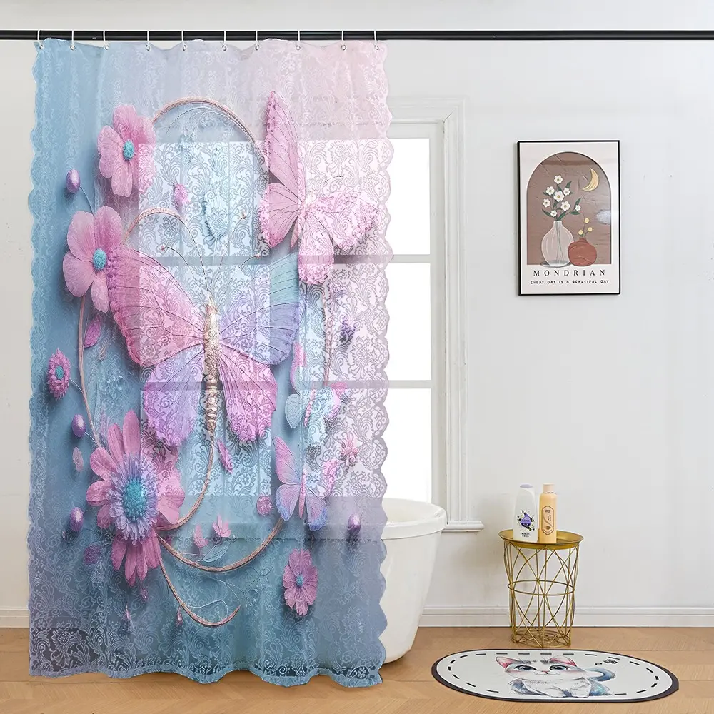 Vintage Lace Butterfly Shower Curtain Set, Elegant Transparent Bathroom Curtains, Semi-Transparent Privacy Screen, Easy Clean Fabric