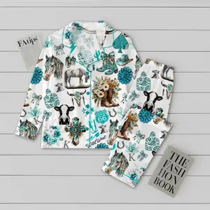 Western Cowgirl Pajama Set, Cowgirl Aesthetic Pajama Satin Set Turquoise Horses, Boots & Cactus Satin Pajamas