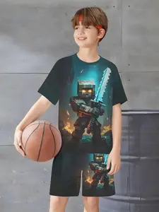 Boys' Summer Deep Pixel Character Short Sleeve Shorts Set, Casual Slim-Fitting Two-Piece, Random Print Clothing