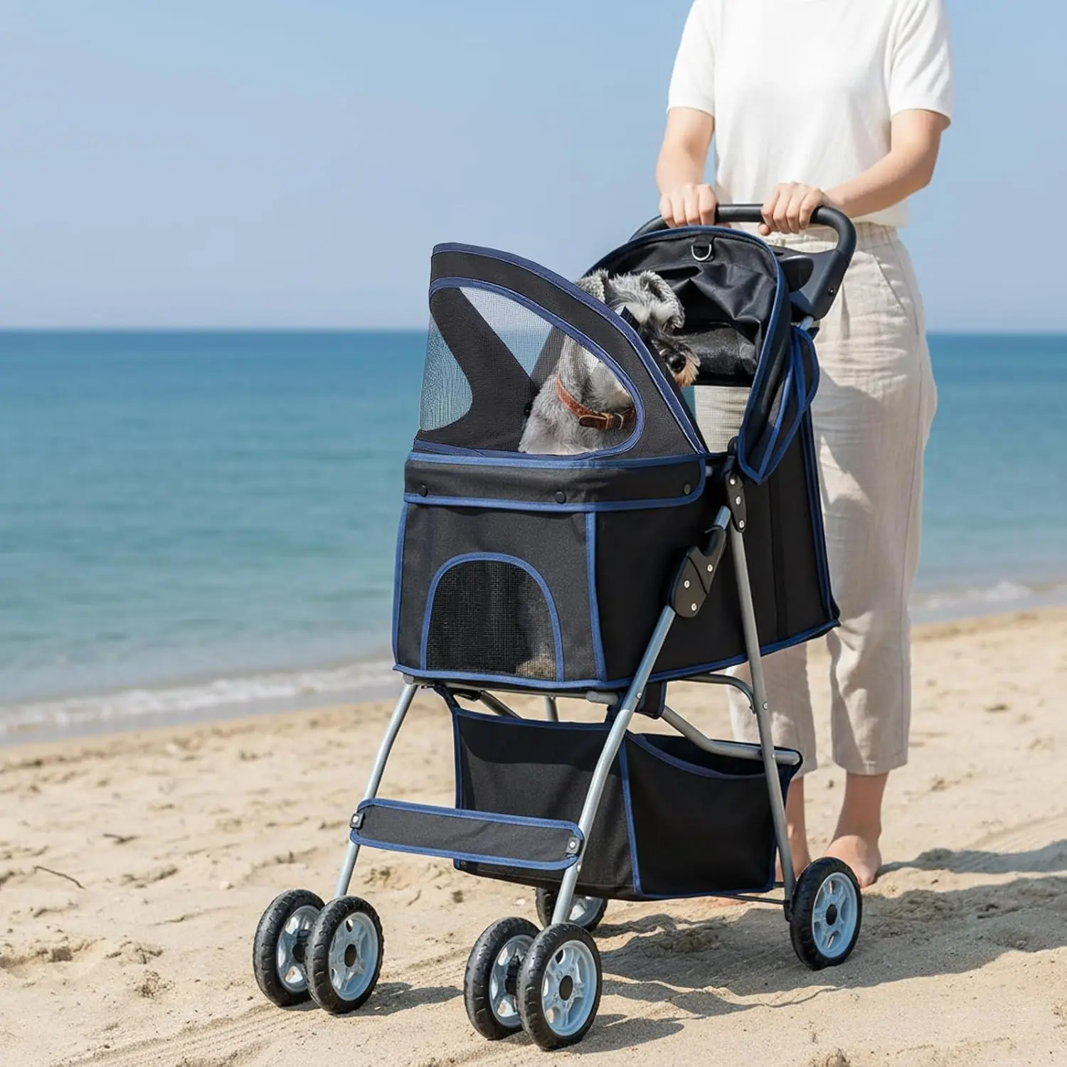 Dog Stroller for Small to Medium Dogs, Lightweight Foldable Pet Stroller with Breathable Mesh, Storage Basket and Cup Holders