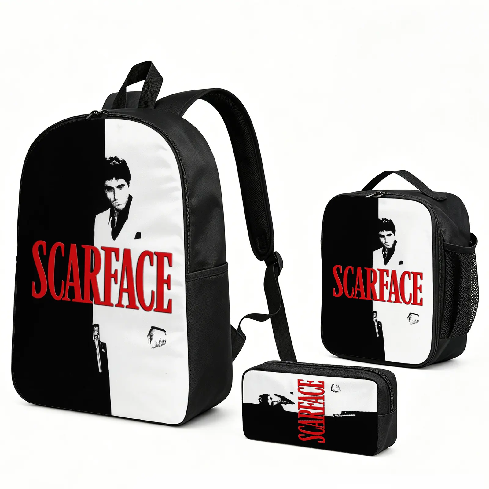 Scarface Backpack 3pcs Set with Vibrant Print, Durable School Bookbag with Insulated Lunch Tote and Pencil Bag for Teens Boys Girls, Multi-Functional Laptop Travel Daypack Gift for Fans e-152