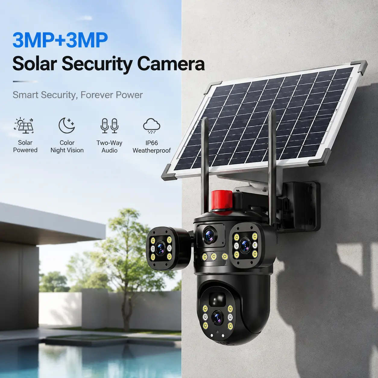 【BackToSchool】Solar Battery WiFi Security Camera – 3 Lens 360° Pan/Tilt, Wireless Outdoor Home CCTV Surveillance System,for Valentine’s Day Gift