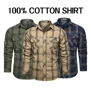 Men’s 100% Cotton Plaid Long Sleeve Shirt, Casual Workwear Style, Dual Chest Pockets Design, Multiple