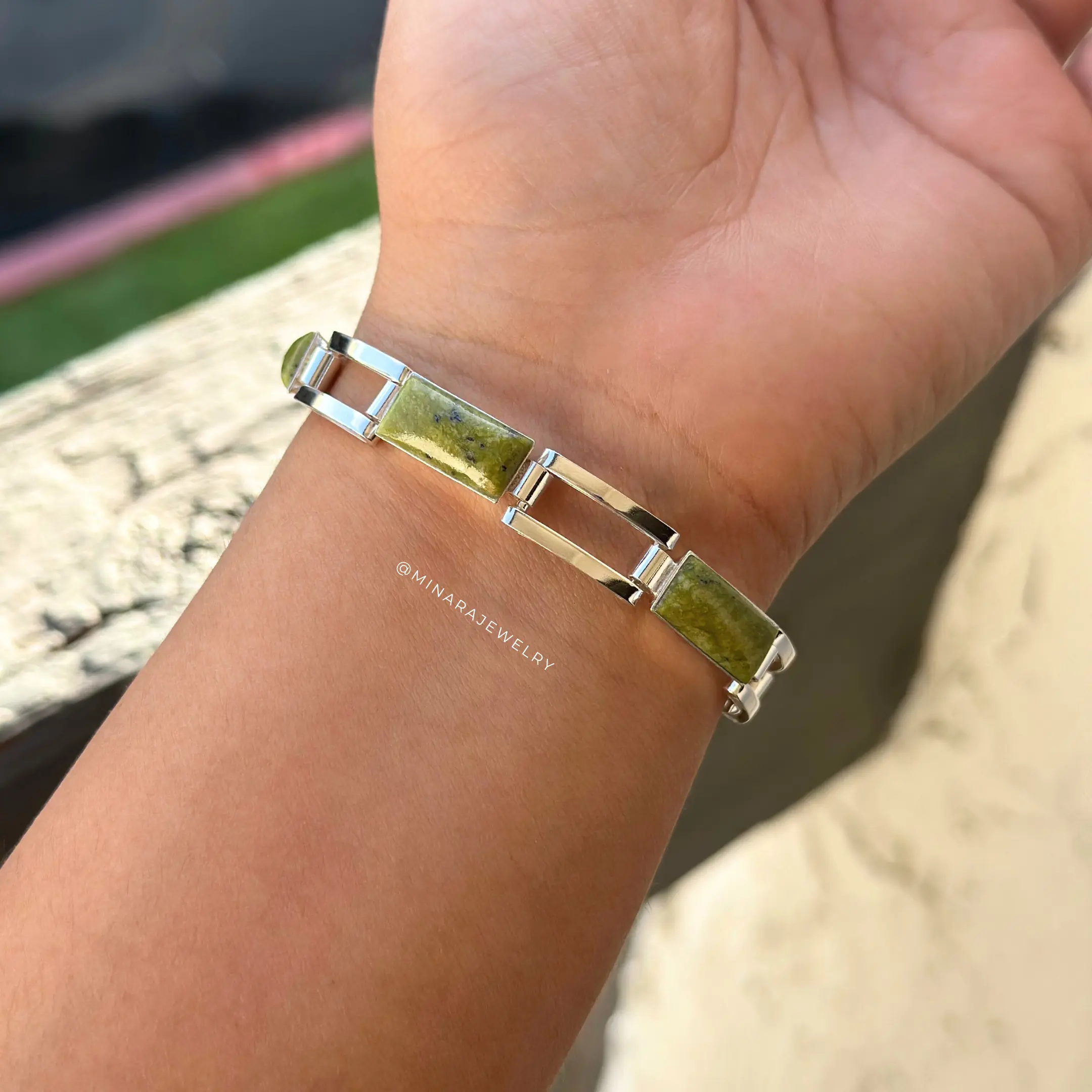 Rectangular 950 Silver Bracelet with Serpentina Natural Stone