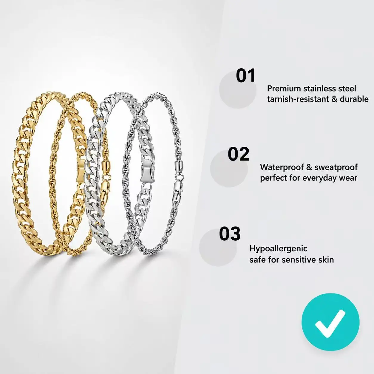 Men's 2-Piece Bracelet Set, Layered Cuban Link & Rope Chains in Gold-Finish Steel Alloy, Jewelry for Streetwear Outfits, 8 Inch, Gold Aesthetic, Bracelet Stacking, Layered Look, Unisex, 8 Inches, Casual, Chain Jewelry Bracelets & Bangles