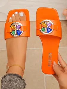 Women's Summer Sandals, Comfortable Fashion Flip Flops, Lightweight Luxury Rhinestone Square Toe Flat Slippers, Ideal Gift Choice, Fashionable Slide Sandals