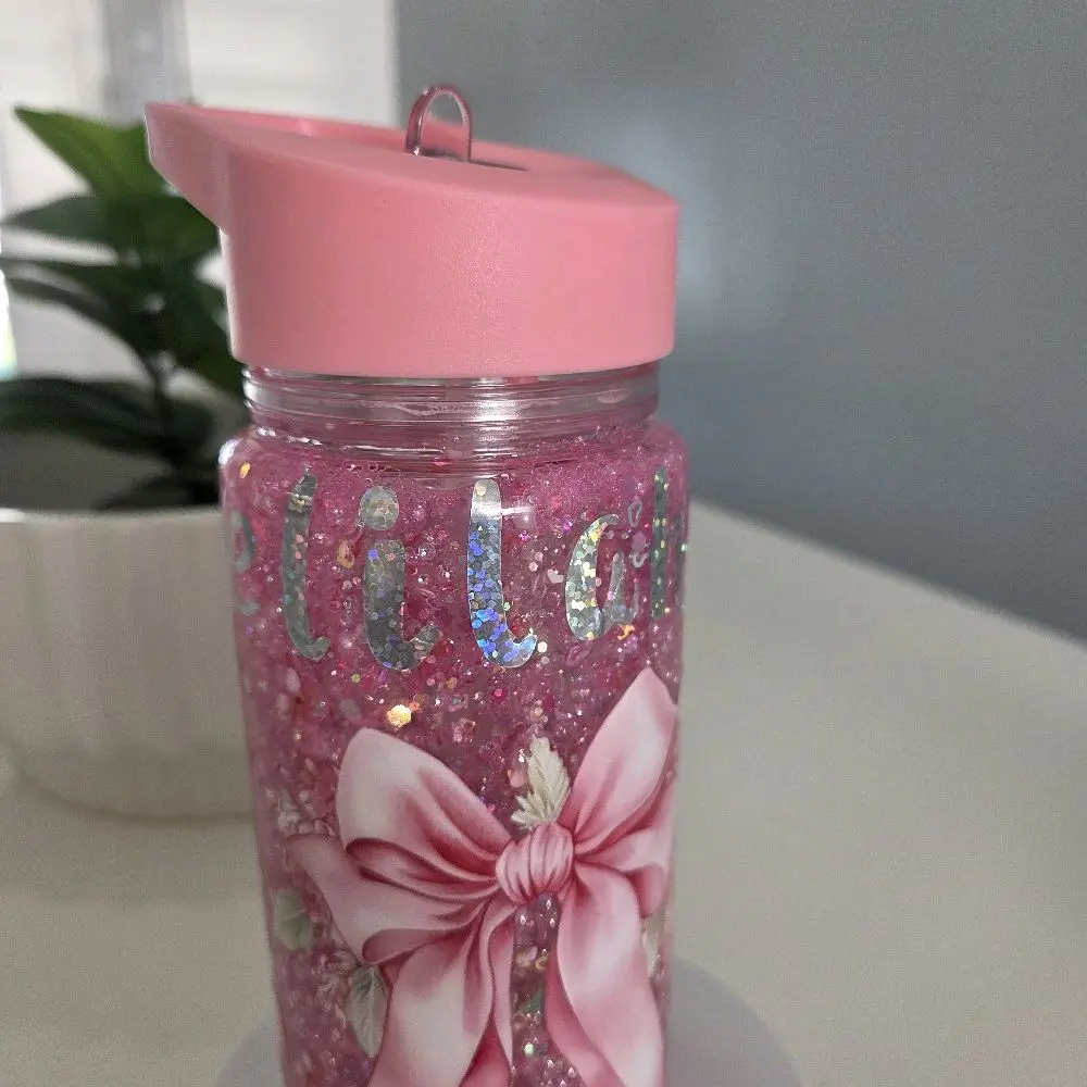 Glitter Water Bottle with Pink Bow Design and Pink Lid