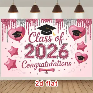 Graduation & Class of 2026 Backdrop – Pink Glitter Cap Tapestry, Wall Hanging, Photography Background, Polyester HD Print, Garden, Home, Party, Club Decor
