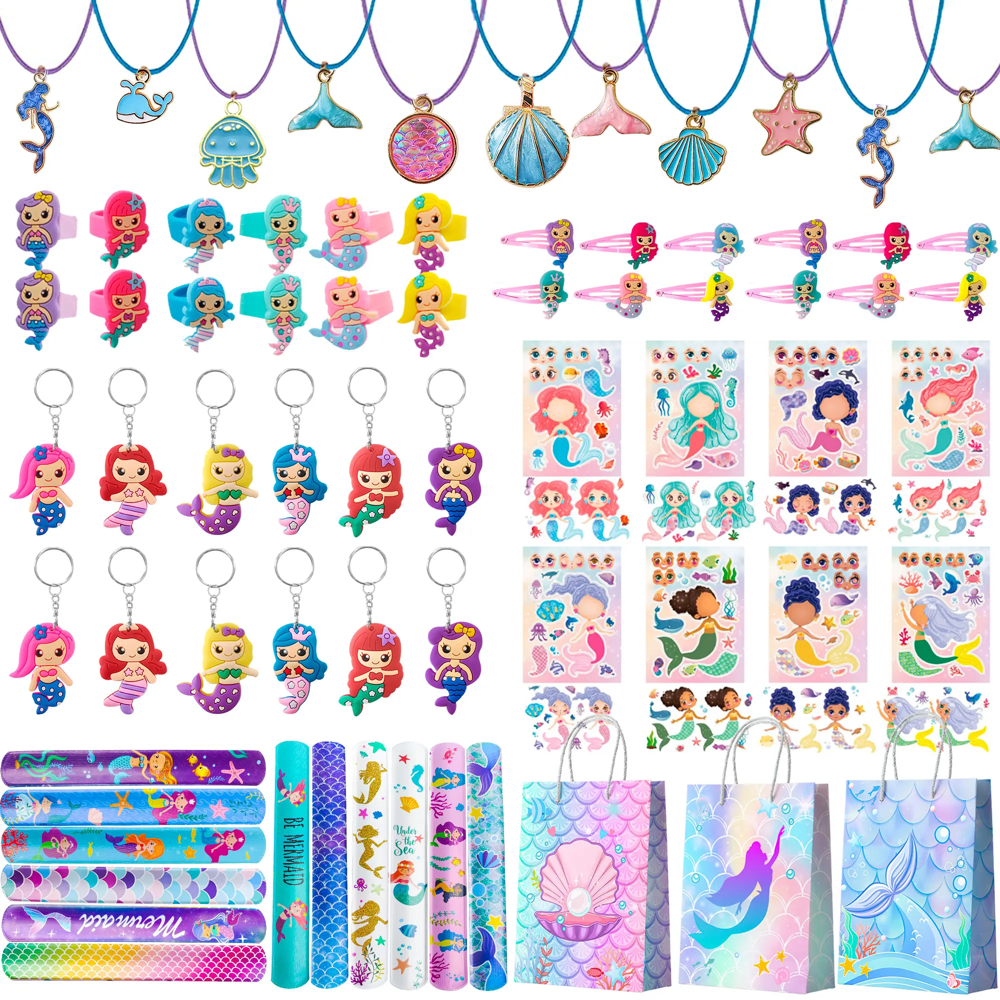 84 pcs Mermaid Party Favors for Boys and Girls with Mermaid Birthday Rings Keychain Slap Bracelets Bags Hair Clips Necklace etc Mermaid Birthday Party Favors for Mermaid Birthday Decorations Supplies