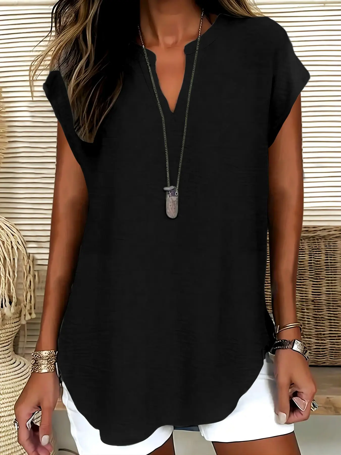 Women's Loose Oversized V-Neck Drop Shoulder Solid Pullover Top Shirt Style, Summer Casual Minimalist Simple Vintage Short Sleeve Blouse, Ladies Fashion Clothing Piece