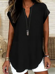 Women's Loose V-Neck Drop Shoulder Plain Top Shirt, Summer Casual Simple Vintage Short Sleeve Blouse, Ladies Fashion Clothing