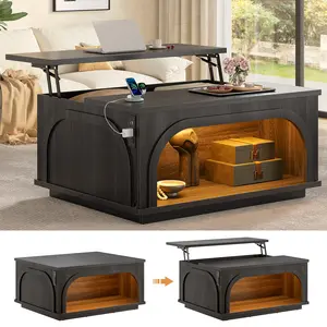 Sikaic Lift-Top Coffee Table with LED Lights & Charging Station, Hidden Storage & Open Shelf, Matte Black