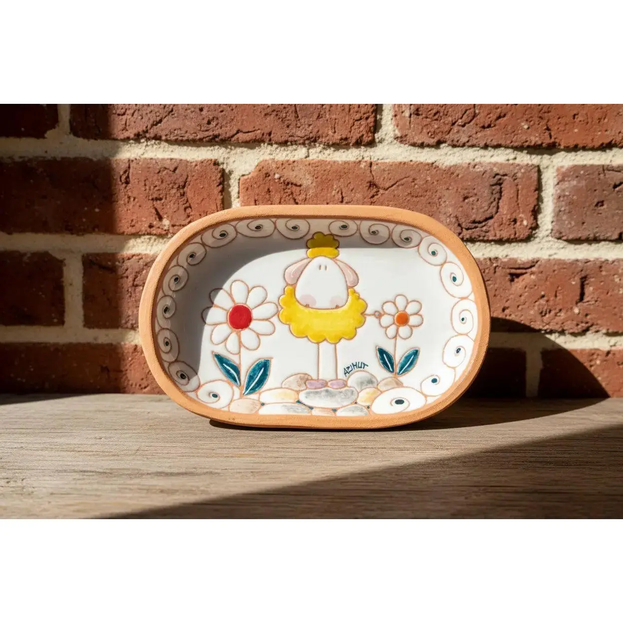 Handmade Pottery Small Oval Serving Dish-Tea Tray, Sheep Animal Design, Yellow Floral Ceramic, 7.25" x 4.5", 14 oz, Animals