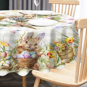 70-Inch Round Waterproof Easter Rabbit Tablecloth, Handcrafted Buffalo Check Plaid Kitchen Dining Room Cover, Spring Festive Decoration & Gift for Indoor Round Table