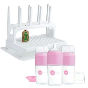 PopYum 9 oz Pink Formula Making Baby Bottle 3-Pk with White Drying Rack & Clear Drying Mat Bundle