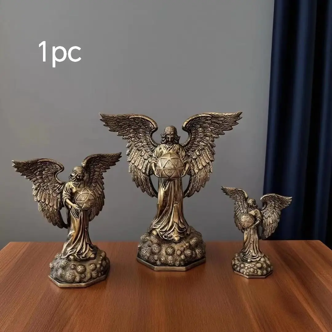 Mystical Angel Sculpture, Antique Bronze Style Resin Statue with Star Symbol, Ideal for Spiritual Room Decor, Unique Home Ornament, Resin Sculptures