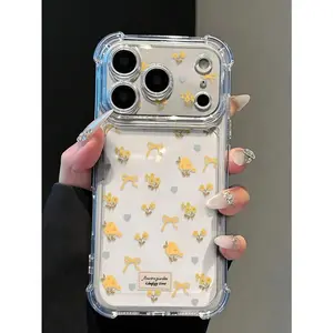 Spring Outfit Essential, Creative Light Yellow Floral & Bow Design Transparent Shockproof Phone Case, Air Cushion Scratch-Resistant Soft TPU Material, Suitable For IPhone