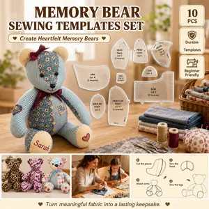 10Pcs Memory Bear Sewing Templates Set, Durable Bear Sewing Patterns & Templates with Detailed Instructions,Quilting Rulers and Templates for Sewing, Portable sewing tools, Sewing Supplies, Perfect for Beginners & DIY Craft Lovers