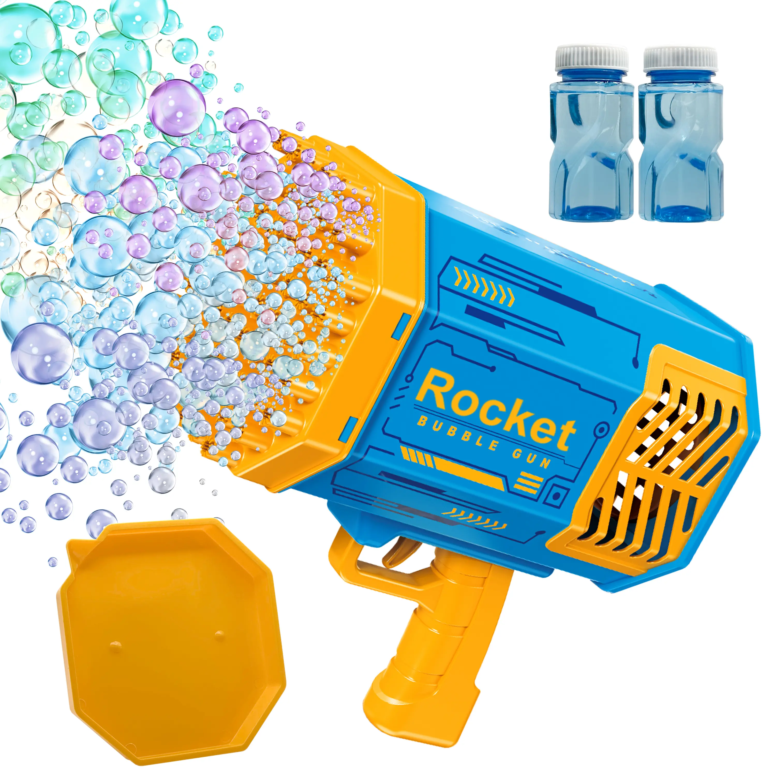Rocket Bubble Gun 69 Hole Rechargeable Battery LED Lights 32 oz Solution + 2 Solution Bottles, Bubble Machine Blaster, Rocket Bubble Bubbles
