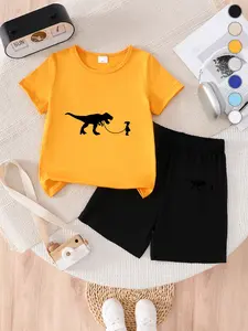 Summer Boys' T-Shirt Short Sleeve + Loose Shorts Set, Fun Dinosaur Design, Casual Comfortable, Perfect Gift for Kids, Outfit