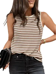 COCCKO Tank Top for Women 2026 Summer High Neck Sleeveless Striped Shirt Button Hollow Back Fitted Knit Camisole Tops