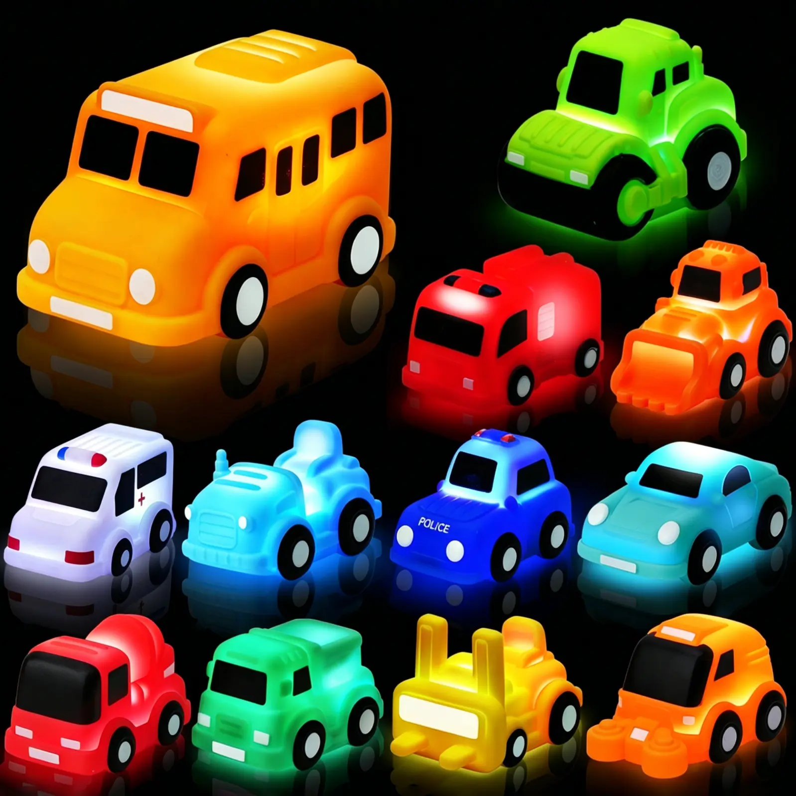 6PCS Bath Cars,Traffic Vehicles and Construction Vehicles, Light Up Bath Toy for Toddler,6 Pack Water Activated Flashing Colors Toys for Kids Bath Fun in the Tub,Bath Fun in Pool or Bathtub,On Beach