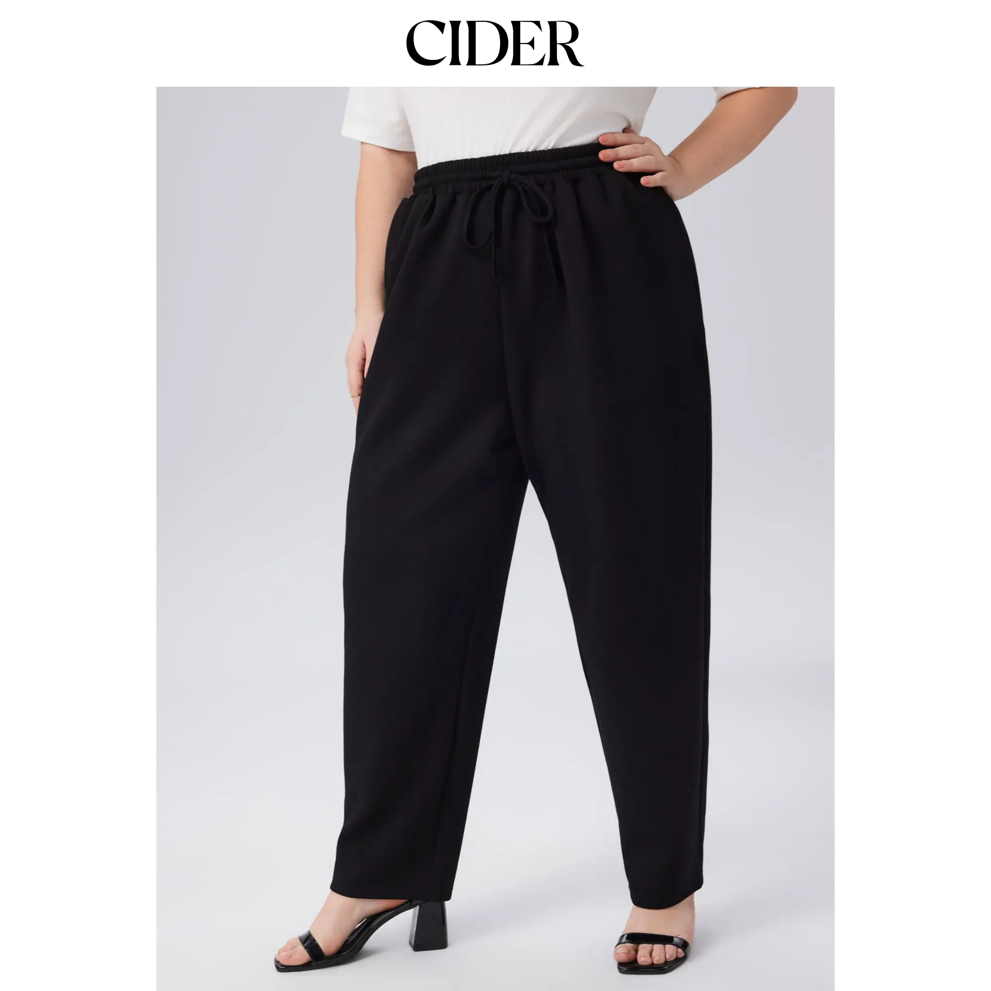 Cider [3 colors, size 2-26] Elastic Waist Drawstring Pocket Tapered Sweatpants Curve & Plus, Athleisure Bottoms, Elastane, Basic, Casual, Plus Size Fashion, Drawstring Waist, Solid Pattern, Tapered Leg