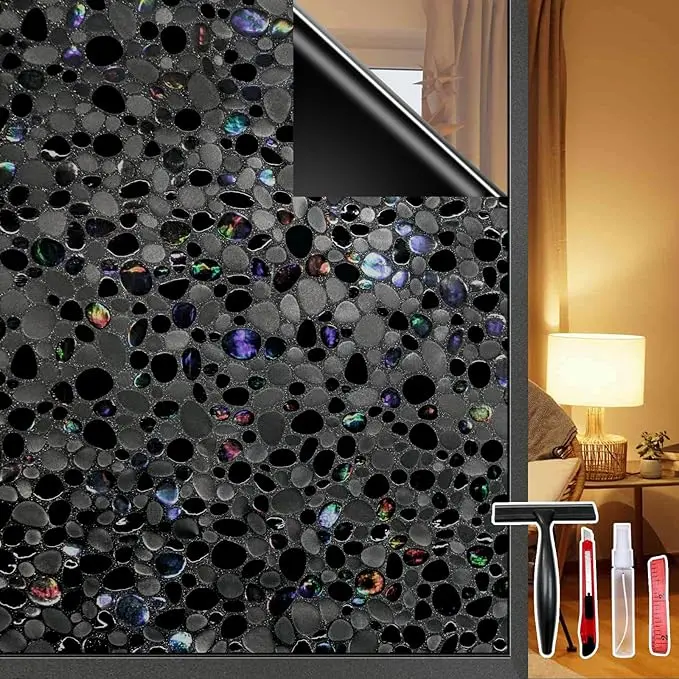 Total Blackout Window Film Privacy, 100% UV Blocking, Dark Window Tint for Home Decorative Window Film Static Cling Heat Control Window Clings for Bathroom, 3D Pebble Pattern, Black 17.5'' x 78.7''