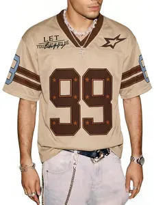 Men's American Vintage Jersey T-Shirt, Colorblock V-Neck Breathable Mesh Fabric, Embroidered Stars, Casual Fitted Long Sleeve Top, All Seasons