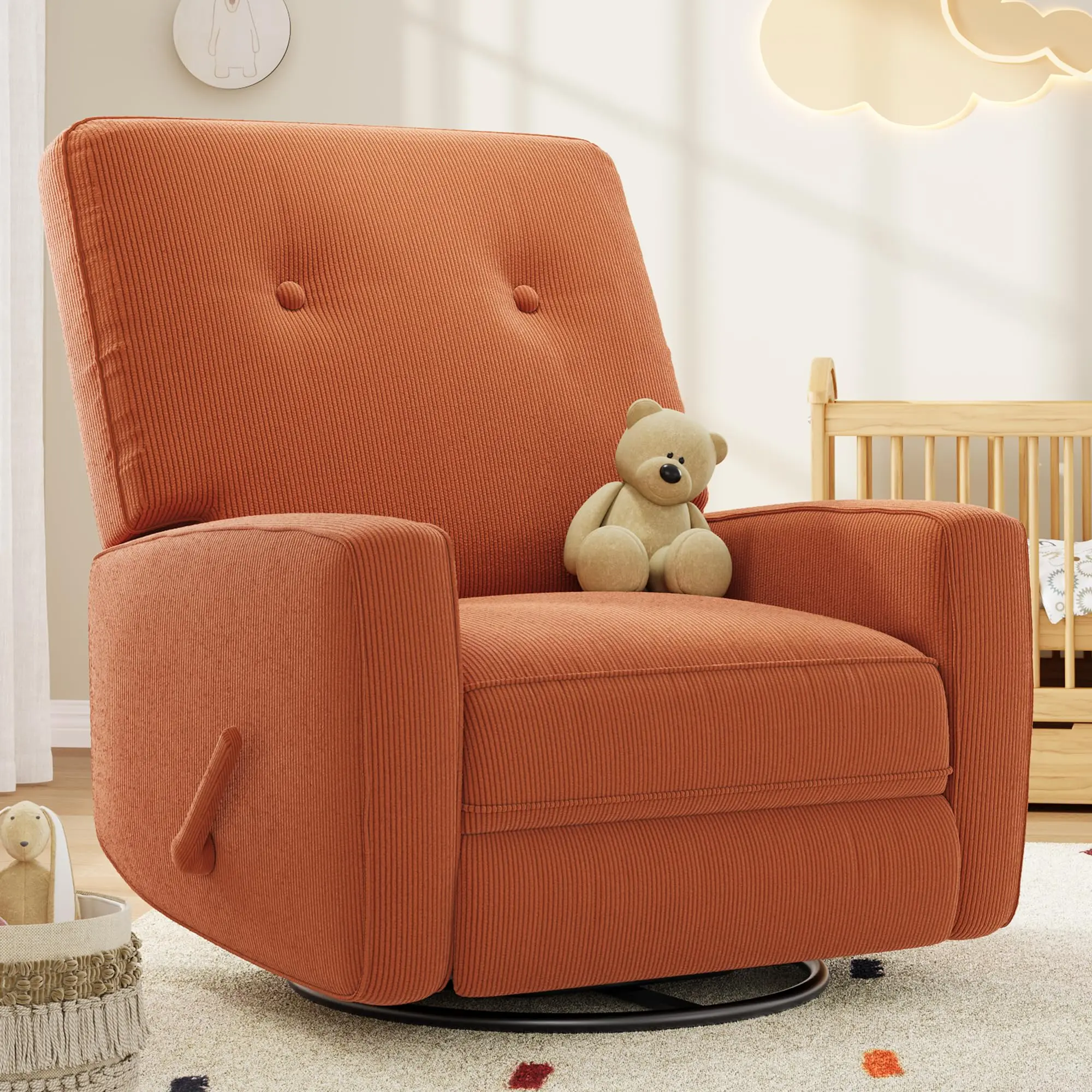 Garvee Sturdy Plush Reclining Living Room Nursery Recliner Chair - 360° Swivel Rocking Glider, Adjustable Backrest & Footrest, Upholstered Armchair for Reading, Bedrooms, Apartments (Orange), Swivel Chairs