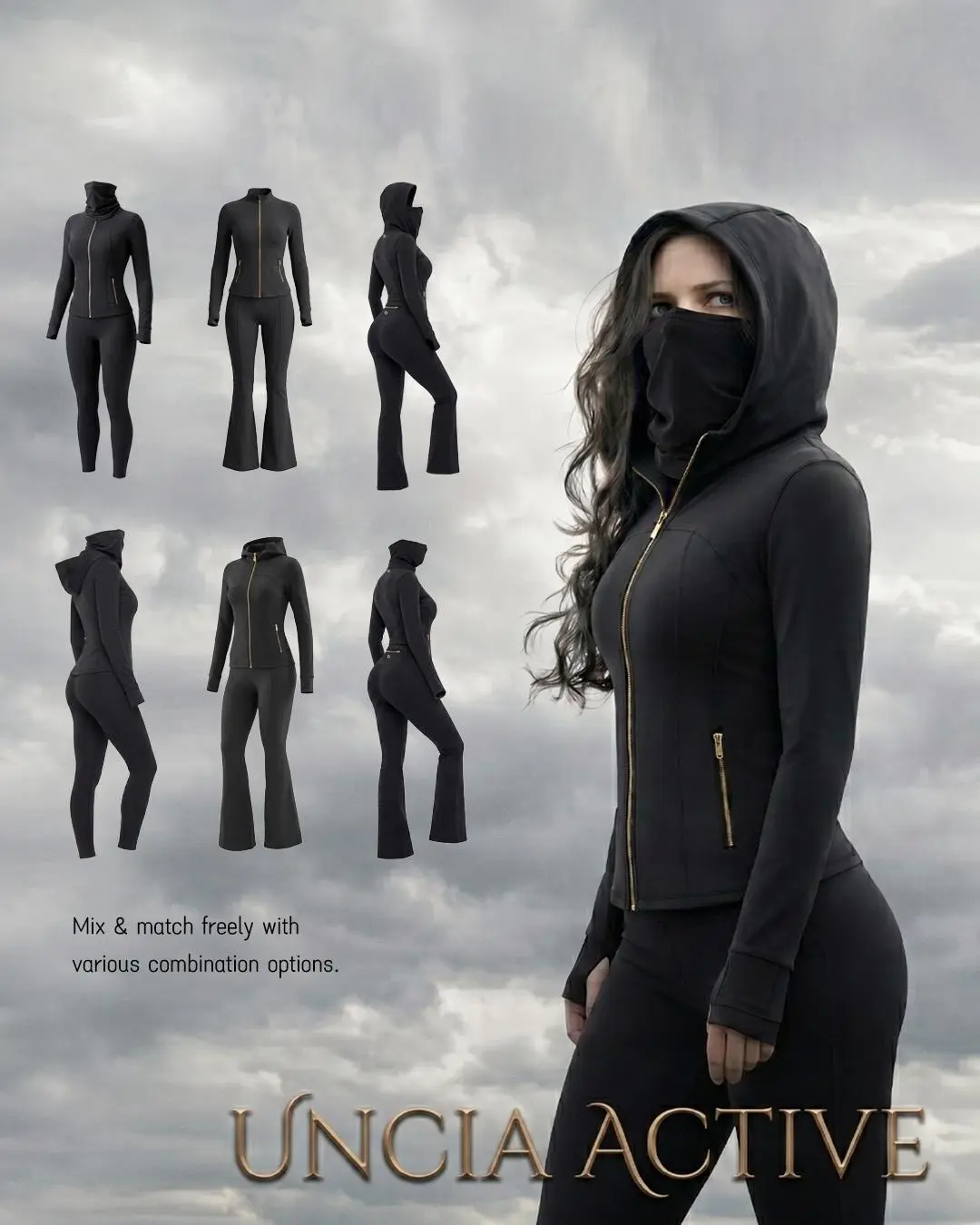 Women Hooded Full Zip Workout Jacket & Hip Lifting Flare Leggings Set | Flare Pants With/Without Back Waist Zipper Option, Comes With Windproof Neck Gaiter