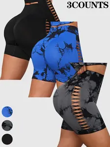 Women's Plain / Tie Dye Print Hollow Out Seamless Stretch Knit Shorts, Casual Comfy Breathable Skinny Shorts for Daily Wear, Ladies Bottoms for Summer, Casual Fitted Shorts