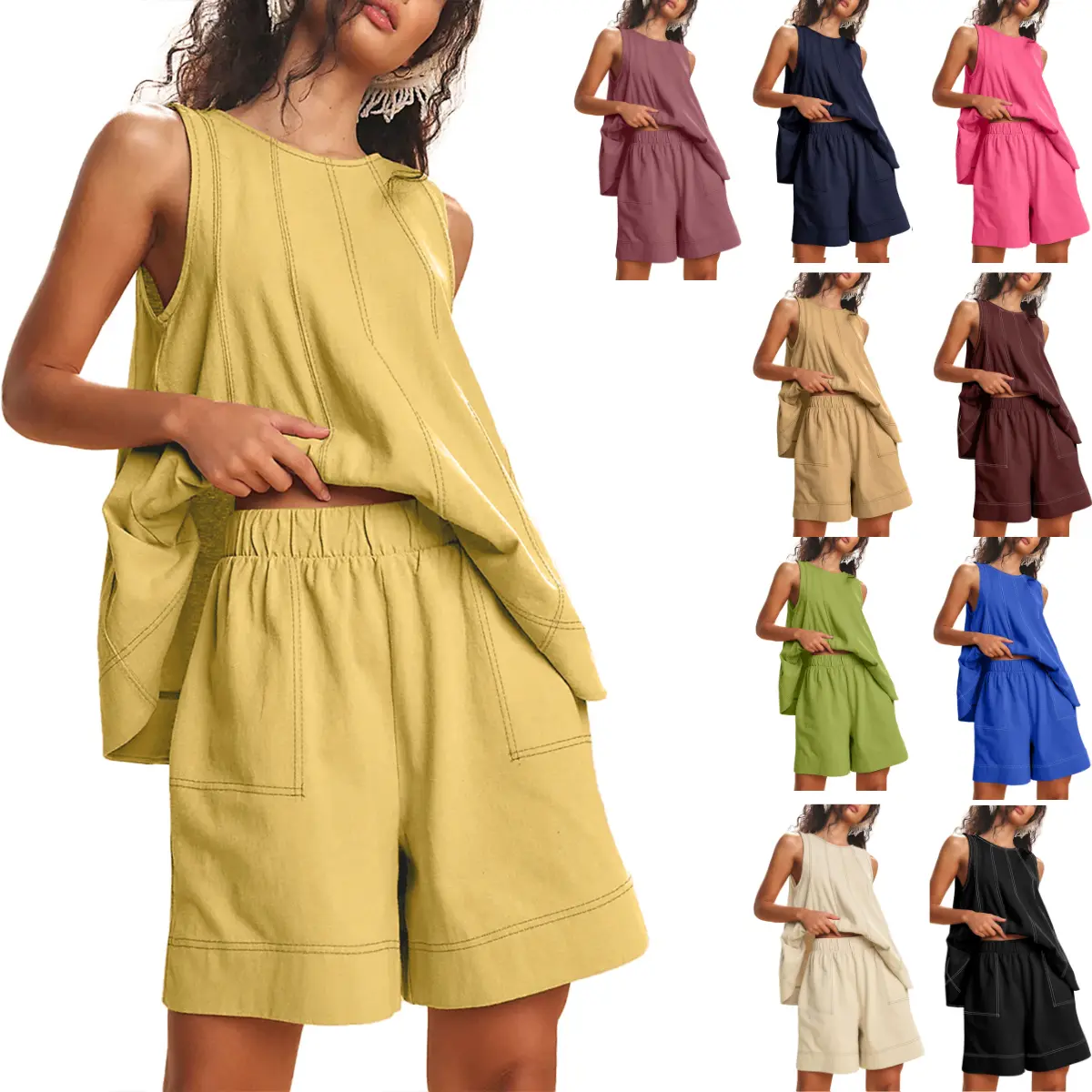 Yeokou Women's 2 Piece Outfits Sleeveless Matching Sets A Line Tank Tops Contrast Stitching High Waist Shorts with Pockets, 2 Piece Sets, Women 2 Piece Sets,summerwins