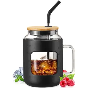 【WINSA 】50OZ Glass Tumbler with Bamboo Lid and Straw BPA Free Travel Bottle Iced Coffee Cup with Handle & Silicone Sleeve Reusable Washable Portable Drinkware