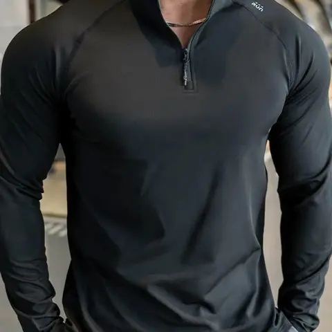 【Black Friday】Men's Fall Winter Fleece Lined Long Sleeve T-Shirt, Slim Fit Warm Soft Breathable Half Zip Pullover, Casual Sporty Quick-Dry Top, Casual Sports Tops, Half Zip Sportswear
