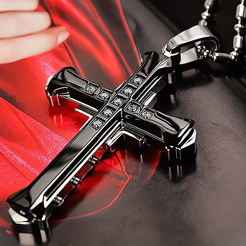 Unisex Elegant Rhinestone Cross Pendant Protective Necklace with Adjustable PU Leather Crossbody Strap, Cool Classic Design, Holiday Gift Party Supply Accessory