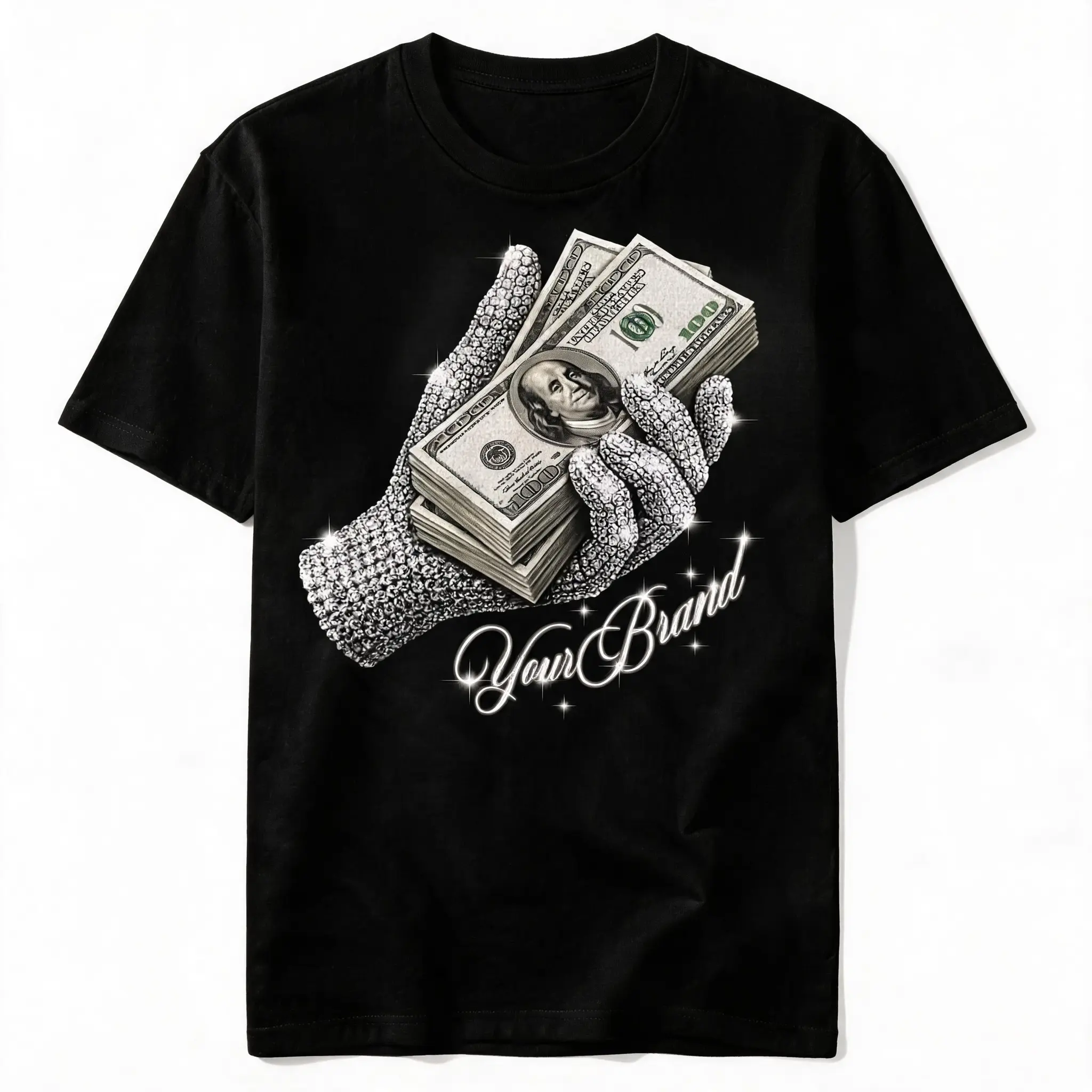 Diamond Hand Money Stack Bling T-Shirt - 100% Cotton, Glossy, Short-Sleeve Luxury Hip Hop Menswear Street Style Casual Graphic Sports Top, Shortsleeve
