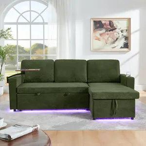 85" L-Shaped Convertible Sleeper Sofa Bed, Sectional Pull-Out Couch with Storage Chaise, LED Lights, Cup Holder, Charging Stations and Retractable Table for Living Room, Green