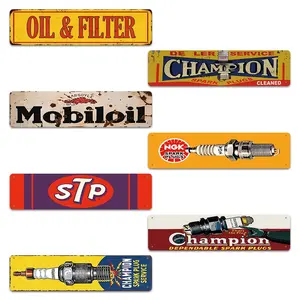 7 Pieces, Classic Gasoline and Cars Poster Signs and Plaques - Vintage Style Metal Tin Signs for Garage, Man Cave, Bar, Office, Gas Station Wall Decor - Easy to Install, Vintage Home Decor, Outdoor Decor, Home Decoration 4x16 Inch