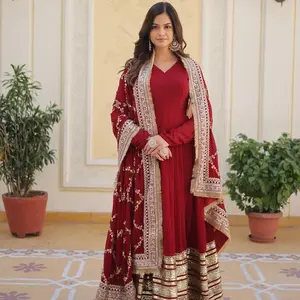 2 piece, Premium Designer, Embroidered Gown with Dupatta (Maroon)