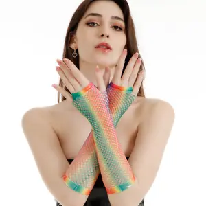 Medium and long colorful printing stretch rainbow fishing net gloves cosplay show party accessories