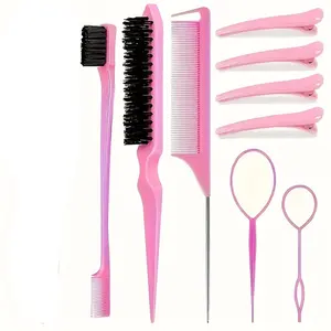 9pcs Random Color Hair Comb Set, Teasing Brush, Tail Comb, Edge Brush, Braiding Tool with Clip, Travel Essential, All Hair Types, Gift Idea