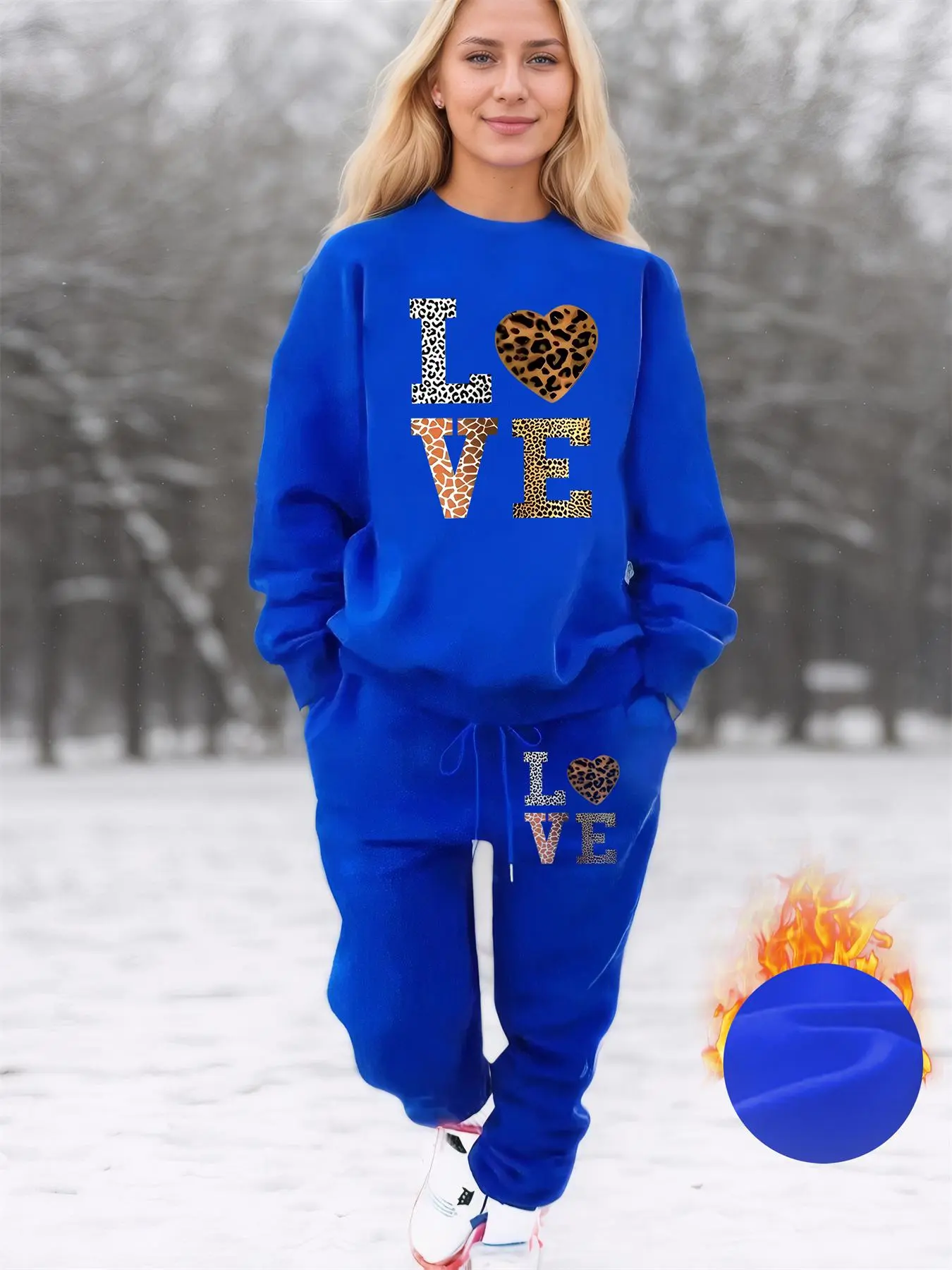 [Plus Size] Two-Piece Set Leopard Letter Print Sweatshirt & Pants Set, Casual Round Neck Long Sleeve Pullover & Trousers, Women's Two-piece Outfits Casual Fashion Set Womenswear for Fall & Winter, Fitted