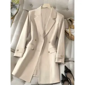 Women’s Elegant Office Blazer Jacket, Lightweight Fabric, Double-Breasted Design, Pockets & Waist Closure, Long Sleeves, Women’s Clothing, Garment