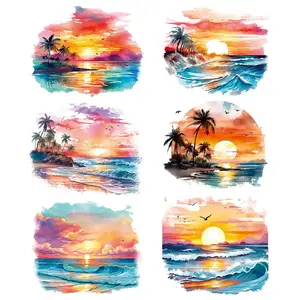 Sunset & Beach Pattern Iron-on Transfer Sticker, 6 Counts/set Heat Transfer Sticker, DIY Decorative Sticker for T-shirt, Jacket, Jeans, Hoodies