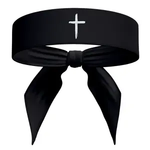 Embroidered Cross Sports Tie Headband Sweat Band Black White Distressed - Athletic Christian Jesus God Workout Bible Verse Faith Mens Womens Kids Sweatband Head Sweat Band Boys Girls Gift Football Baseball Soccer Running Accessories Faith Philippians 4:13