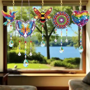 5 Pcs DIY Diamond Painting Hummingbird Suncatcher Pendant Set, Butterfly Diamond Art Wind Chime Hanging Ornament, Handmade Home Decor Decoration Gift for Adults, Hangable, Wall Hanging Ornament